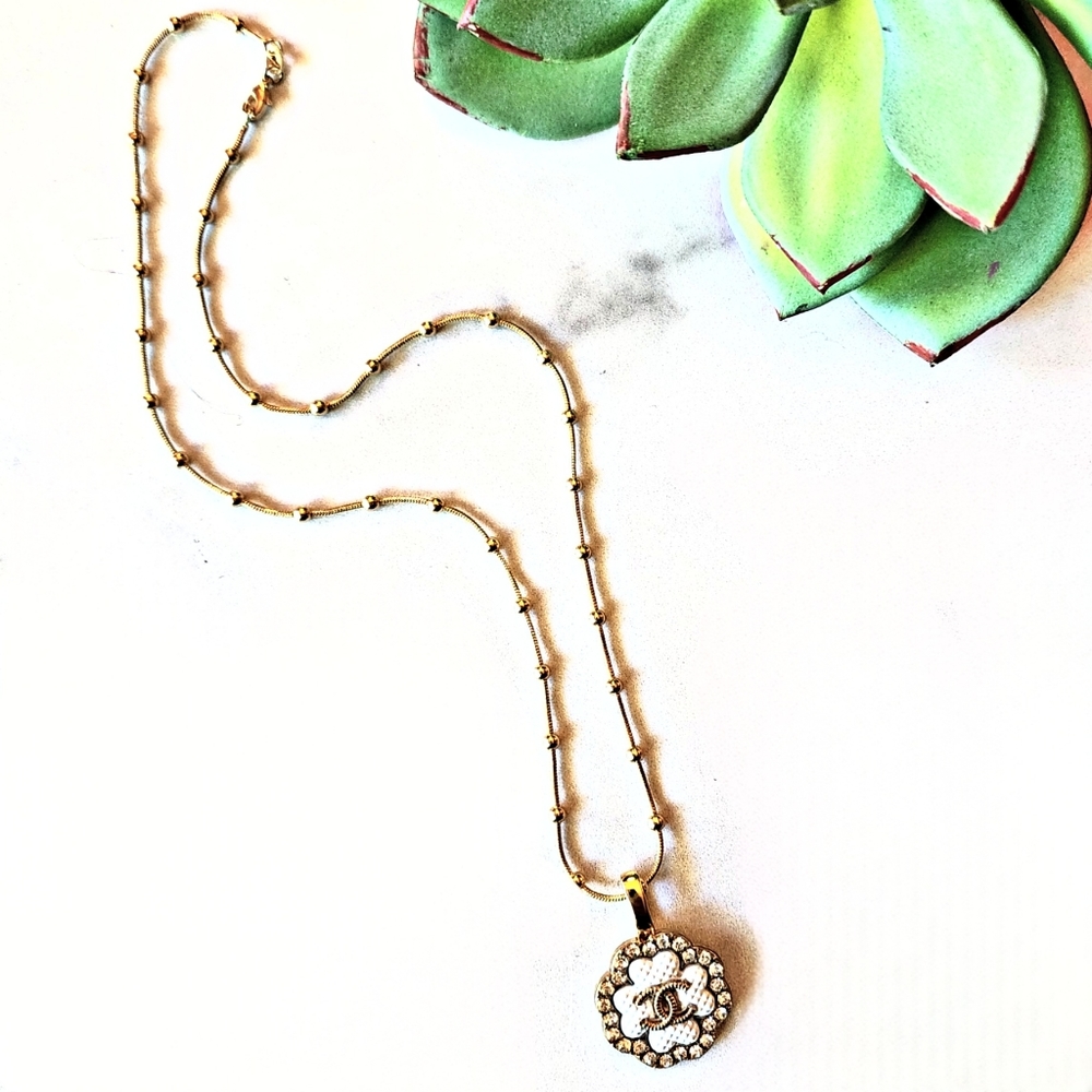 Authentic Designer Button Pendant on Gold Filled Satellite Chain - Picture 1 of 3